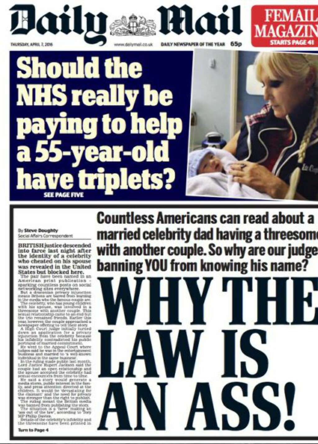 FORSIDEN: Daily Mail torsdag 7. april 2016. Foto: Faksimile FORSIDEN: Daily Mail torsdag 7. april 2016. Foto: Faksimile