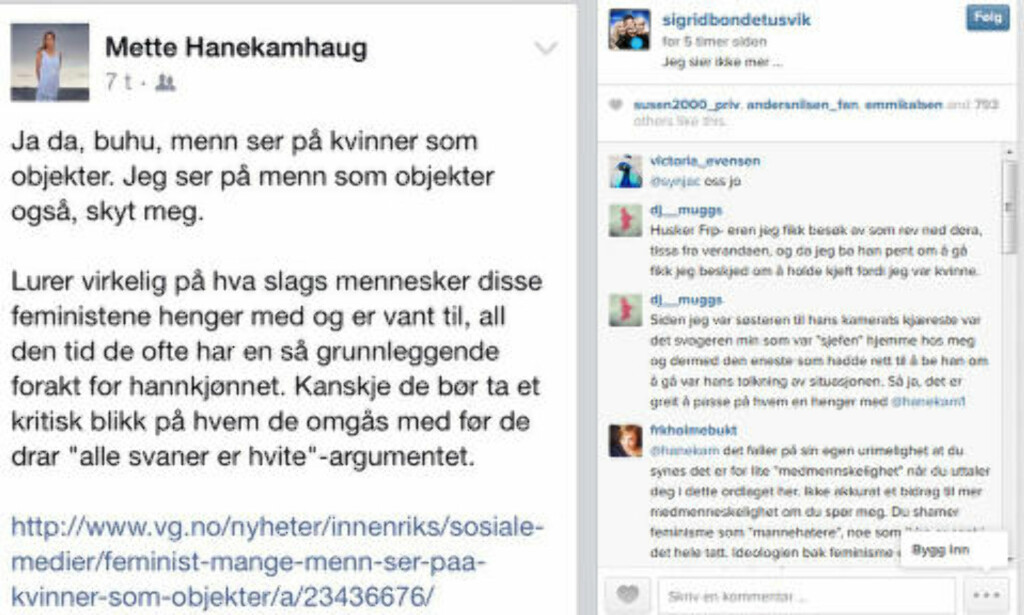 KRITISK: Sigrid Bonde Tusvik har gjengitt Hanekamhaugs innlegg og lagt til teksten: Jeg sier ikke mer... Skjermdump: Instagram KRITISK: Sigrid Bonde Tusvik har gjengitt Hanekamhaugs innlegg og lagt til teksten: Jeg sier ikke mer... Skjermdump: Instagram