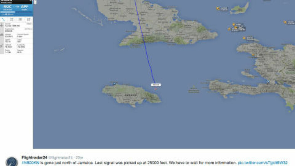 FORSVANT FRA RADAR: Flyet krasjet like nord for Jamaica. Her er flyets siste oppdatering på Flightradar24.com FORSVANT FRA RADAR: Flyet krasjet like nord for Jamaica. Her er flyets siste oppdatering på Flightradar24.com