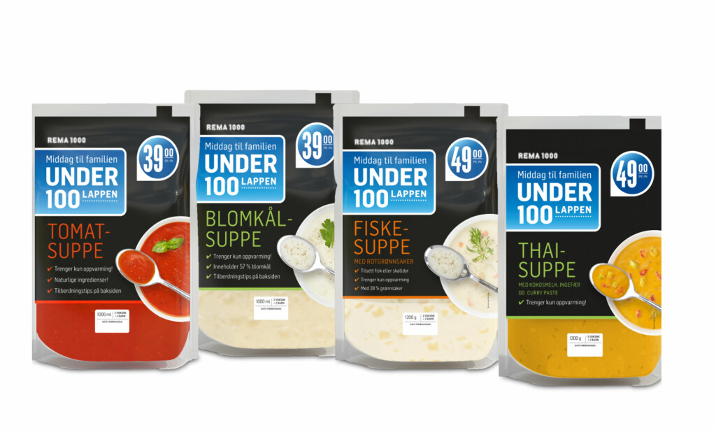 UNDER HUNDRELAPPEN: Rema 1000 utvider de enkle middagsløsningene med suppebaser til under 50-lappen. Foto: REMA 1000 UNDER HUNDRELAPPEN: Rema 1000 utvider de enkle middagsløsningene med suppebaser til under 50-lappen. Foto: REMA 1000