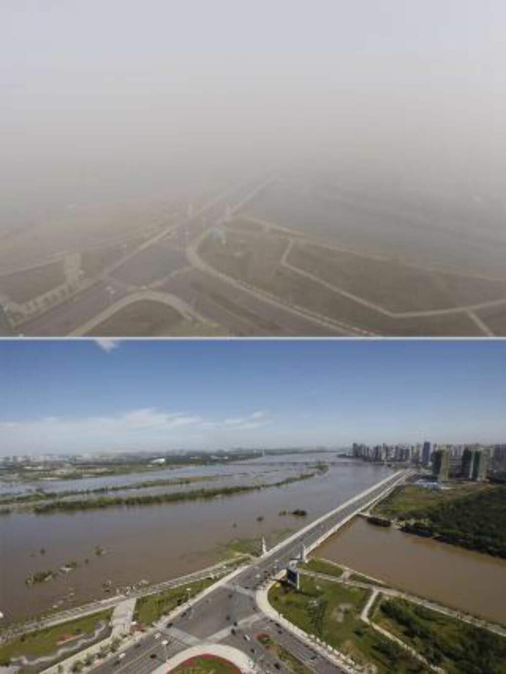 FØR OG ETTER KULLFYRING: Bildet av nøyaktig samme område i Harbin nordøst i Kina er tatt midt på dagen 22. oktober (over) og 27. august (under). FOTO: AFP/NTB Scanpix. FØR OG ETTER KULLFYRING: Bildet av nøyaktig samme område i Harbin nordøst i Kina er tatt midt på dagen 22. oktober (over) og 27. august (under). FOTO: AFP/NTB Scanpix.