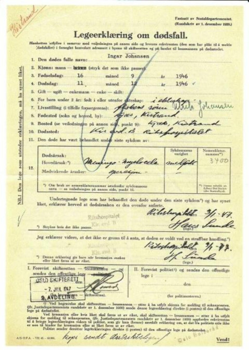 ENDELIG: Først i år fikk familien dødsattesten, datert 3. januar 1947. Foto: Privat/Nordlys ENDELIG: Først i år fikk familien dødsattesten, datert 3. januar 1947. Foto: Privat/Nordlys