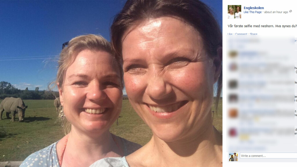 MØTTE NESEHORN: Prinsesse Märtha Louise og hennes kollega Elisabeth Nordeng delte dette bildet med et nesehorn i bakgrunnen på Engleskolens Facebookside. Foto: Facebook MØTTE NESEHORN: Prinsesse Märtha Louise og hennes kollega Elisabeth Nordeng delte dette bildet med et nesehorn i bakgrunnen på Engleskolens Facebookside. Foto: Facebook