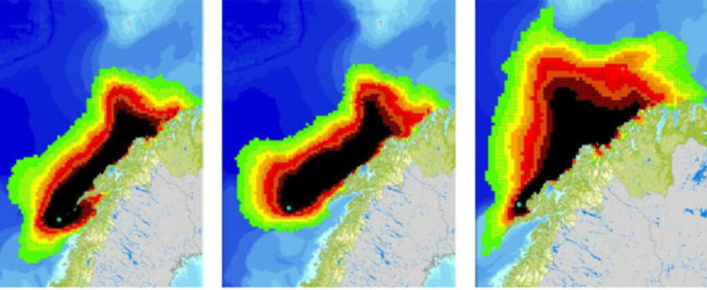SLIK TREFFER OLJEN: Nye scenarier viser hvor oljen vil treffe land ved utslipp av 4500 kubikkmeter olje i døgnet i 50 døgn, her fra tre ulike utslippspunkter. Svart felt betyr 90 - 100 prosent sannsynlighet, grønt felt 5 - 10 prosent sannsynlighet. SLIK TREFFER OLJEN: Nye scenarier viser hvor oljen vil treffe land ved utslipp av 4500 kubikkmeter olje i døgnet i 50 døgn, her fra tre ulike utslippspunkter. Svart felt betyr 90 - 100 prosent sannsynlighet, grønt felt 5 - 10 prosent sannsynlighet.