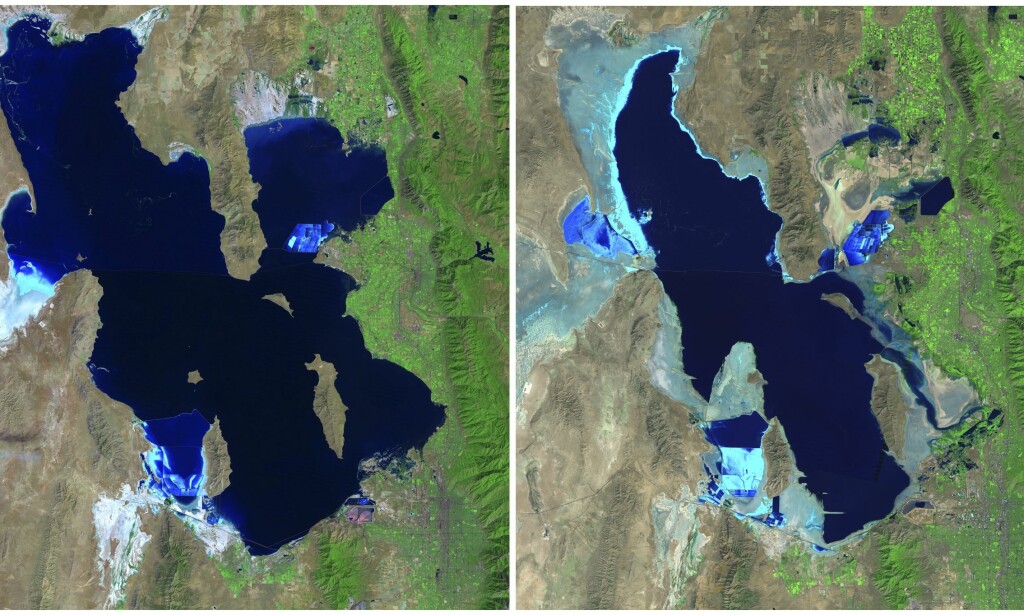 USA: Dette er to bilder av Great Salt Lake i USA. Bildet til venstre er fra 1985. Det andre er fra 2010. En av årsakene til at denne innsjøen minker, er fordi det regner mindre. Foto: Science Photo Library / NTB Scanpix USA: Dette er to bilder av Great Salt Lake i USA. Bildet til venstre er fra 1985. Det andre er fra 2010. En av årsakene til at denne innsjøen minker, er fordi det regner mindre. Foto: Science Photo Library / NTB Scanpix