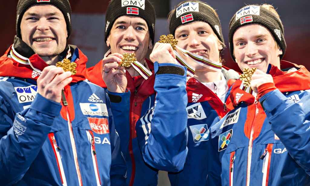 SKAL FORSVARE GULLET: Anders Jacobsen, Anders bardal, Rune Velta og Anders Fannemel tok gull i lagkonkurransen i hopp. I år stiller Norge med nye fjes på bommen! Foto: Hans Arne Vedog SKAL FORSVARE GULLET: Anders Jacobsen, Anders bardal, Rune Velta og Anders Fannemel tok gull i lagkonkurransen i hopp. I år stiller Norge med nye fjes på bommen! Foto: Hans Arne Vedog