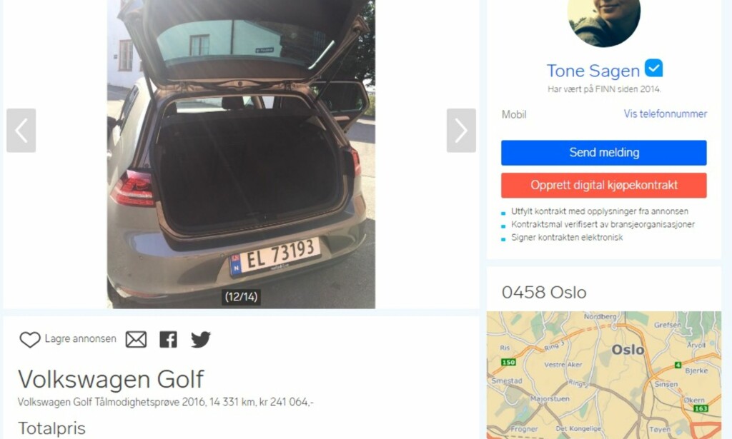 ADJØ, ELBIL: Etter to år med elbil i Oslo, fikk Tone Sagen nok. Her er hennes annonse på Finn.no. ADJØ, ELBIL: Etter to år med elbil i Oslo, fikk Tone Sagen nok. Her er hennes annonse på Finn.no.