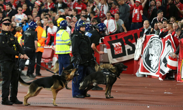 AMPERT: Politiet tok med seg hunder på stadion for å holde orden. Foto: TGSPhoto/REX/Shutterstock/NTB Scanpix AMPERT: Politiet tok med seg hunder på stadion for å holde orden. Foto: TGSPhoto/REX/Shutterstock/NTB Scanpix
