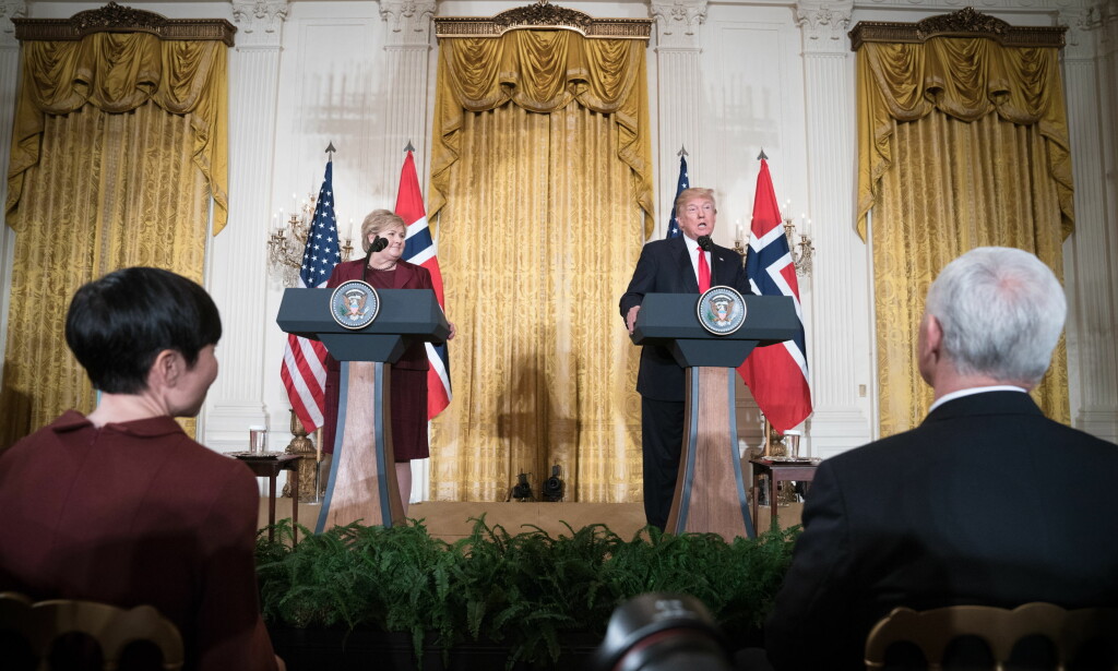 GOD TONE: Erna Solberg og Donald Trump var positive til hverandre under kveldens møte. Foto: Øistein Norum Monsen / Dagbladet GOD TONE: Erna Solberg og Donald Trump var positive til hverandre under kveldens møte. Foto: Øistein Norum Monsen / Dagbladet