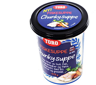 Toros fiskesuppe veier 475 gram og er klar etter tre-fire minutter i mikrobølgeovn. Toros fiskesuppe veier 475 gram og er klar etter tre-fire minutter i mikrobølgeovn.