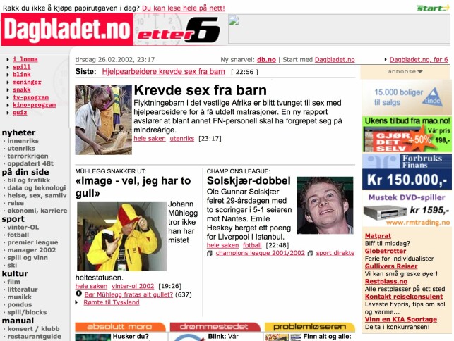 Bilde av Dagbladet 26. februar 2002. Da høyre og venstremenyer fortsatt var aktive. Fotomontasje: The Internet Archive / Jørgen Jacobsen. Bilde av Dagbladet 26. februar 2002. Da høyre og venstremenyer fortsatt var aktive. Fotomontasje: The Internet Archive / Jørgen Jacobsen.