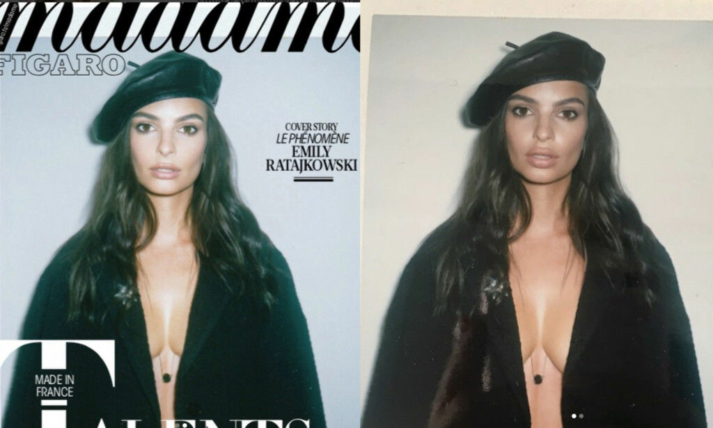 RETUSJERT: Modell Emily Ratajkowski likte dårlig at magasinet Madame Figaro endret på leppene og brystene hennes, på forsidebildet på magasinet. FOTO: Faksimile Madame Figaro RETUSJERT: Modell Emily Ratajkowski likte dårlig at magasinet Madame Figaro endret på leppene og brystene hennes, på forsidebildet på magasinet. FOTO: Faksimile Madame Figaro