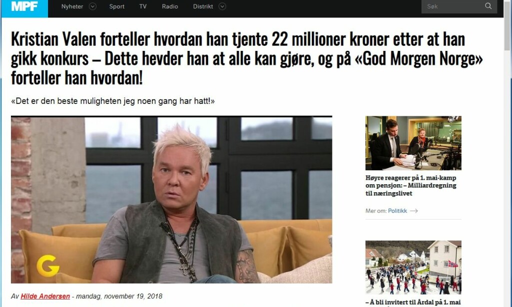 NESTEN IDENTISK: Nettsiden som bruker Kristians Valens ansikt er nesten helt lik som den som bruker Vollviks. Foto: Skjermdump NESTEN IDENTISK: Nettsiden som bruker Kristians Valens ansikt er nesten helt lik som den som bruker Vollviks. Foto: Skjermdump