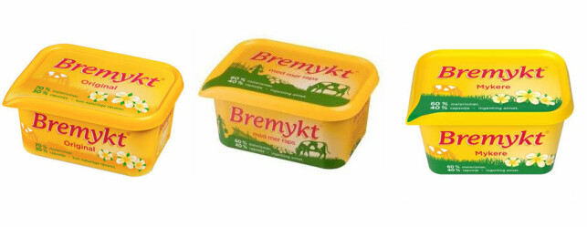 TRE PÅ ET BRETT: Bremykt Mykere (til høyre) er det samme som Bremykt med mer raps (midten), og inneholder 40 prosent rapsolje. Bremykt Original (til venstre) har den samme oppskriften og smaken som før. Foto: Fjordland TRE PÅ ET BRETT: Bremykt Mykere (til høyre) er det samme som Bremykt med mer raps (midten), og inneholder 40 prosent rapsolje. Bremykt Original (til venstre) har den samme oppskriften og smaken som før. Foto: Fjordland