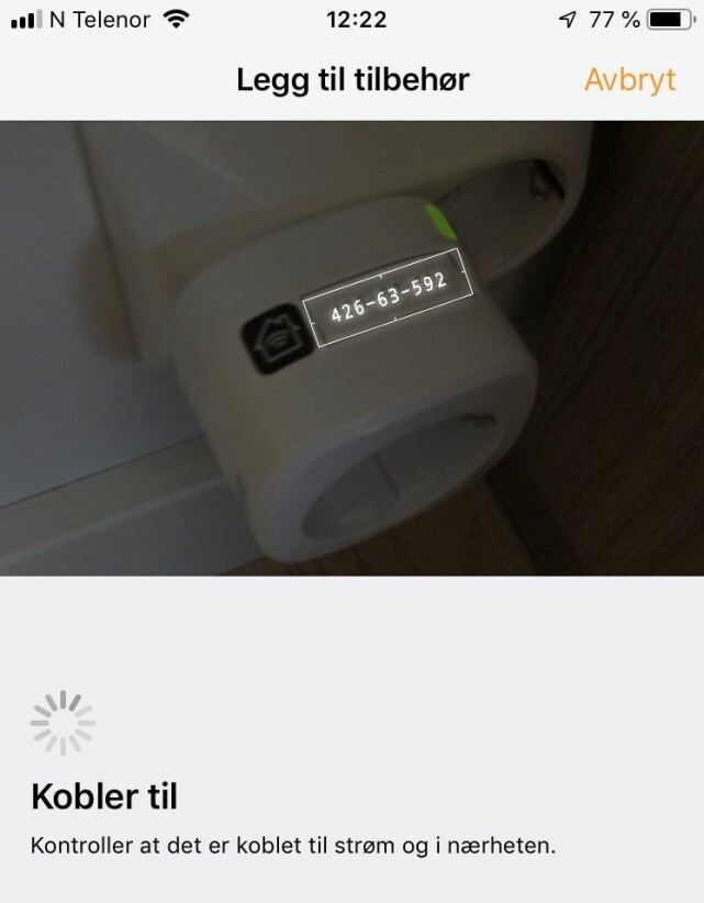 SKANNING: HomeKit-tilbehør har en unik tilkoblingskode som skannes med telefonen under oppsettet. Skjermbilde: Tron Høgvold SKANNING: HomeKit-tilbehør har en unik tilkoblingskode som skannes med telefonen under oppsettet. Skjermbilde: Tron Høgvold