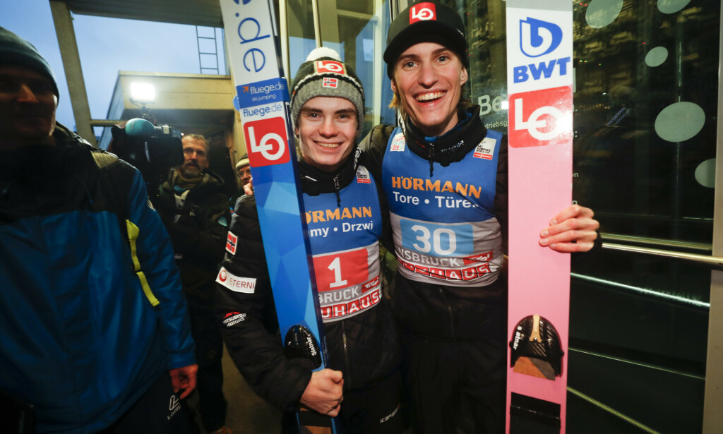 GLADE GUTTER: Marius Lindvik og Daniel-André Tande sørget for norsk kjempedag i Innsbruck. Foto: Geir Olsen / NTB scanpix GLADE GUTTER: Marius Lindvik og Daniel-André Tande sørget for norsk kjempedag i Innsbruck. Foto: Geir Olsen / NTB scanpix