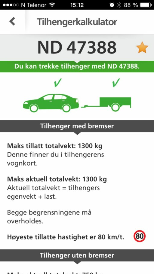 APP:Eksempel-skjermdump fra Bil og Henger-appen fra Statens Vegvesen. Foto: ØYVIND PAULSEN APP:Eksempel-skjermdump fra Bil og Henger-appen fra Statens Vegvesen. Foto: ØYVIND PAULSEN