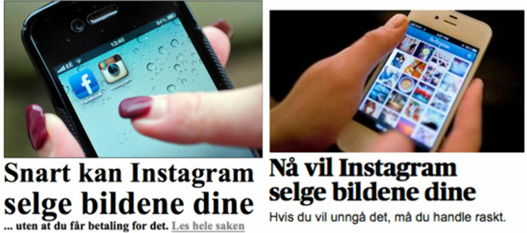 Både VG (venstre) og Aftenposten (høyre) har i dag saker om at Instagram nå kan selge bildene dine. Både VG (venstre) og Aftenposten (høyre) har i dag saker om at Instagram nå kan selge bildene dine.