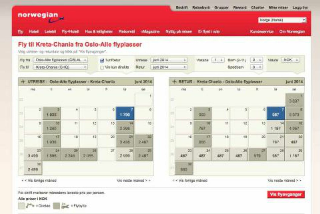 <strong>LAVPRISKALENDER:</strong> Det kan lønne seg å sjekke selskapenes egne websider og lavpriskalender for å finne billigste avreisedag. Skjermdump: NORWEGIAN <strong>LAVPRISKALENDER:</strong> Det kan lønne seg å sjekke selskapenes egne websider og lavpriskalender for å finne billigste avreisedag. Skjermdump: NORWEGIAN