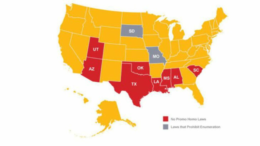 HOMO-FORBUD: Tidligere denne måneden skrev Dagbladet om statene i USA som har vedtekter som forbyr promotering av homofili i skolesammenheng. Illustrasjon: Gay, Lesbian & Straight Education Network HOMO-FORBUD: Tidligere denne måneden skrev Dagbladet om statene i USA som har vedtekter som forbyr promotering av homofili i skolesammenheng. Illustrasjon: Gay, Lesbian & Straight Education Network