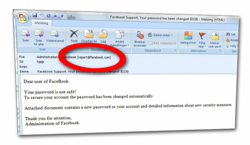 <strong>FALSK:</strong> Selv om det ser ut som eposten er sendt fra en Facebook-adresse, kommer den fra datakriminelle. <strong>FALSK:</strong> Selv om det ser ut som eposten er sendt fra en Facebook-adresse, kommer den fra datakriminelle.