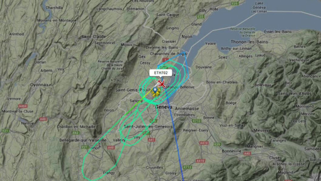 <strong>RUNDT I RING:</strong> På vei fra Etiopia til Italia gikk kapringsalarmen ombord i flyet. Det ble sirklende lenge over flyplassen, før det landet i Genève. Foto: FlightRadar24.com <strong>RUNDT I RING:</strong> På vei fra Etiopia til Italia gikk kapringsalarmen ombord i flyet. Det ble sirklende lenge over flyplassen, før det landet i Genève. Foto: FlightRadar24.com