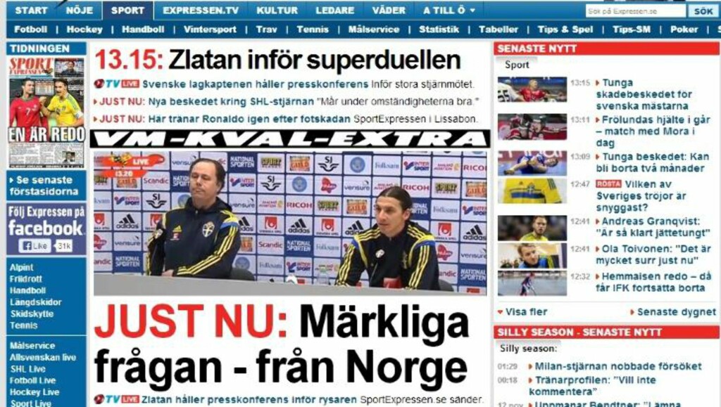 «DET MERKELIGE SPØRSMÅLET»: Svenskene lurer på hva vi egentlig driver med på denne siden av grensa når vi åpner en Zlatan-pressekonferanse med spørsmål om sjakk-Carlsen. Faksimile: Expressen.se «DET MERKELIGE SPØRSMÅLET»: Svenskene lurer på hva vi egentlig driver med på denne siden av grensa når vi åpner en Zlatan-pressekonferanse med spørsmål om sjakk-Carlsen. Faksimile: Expressen.se