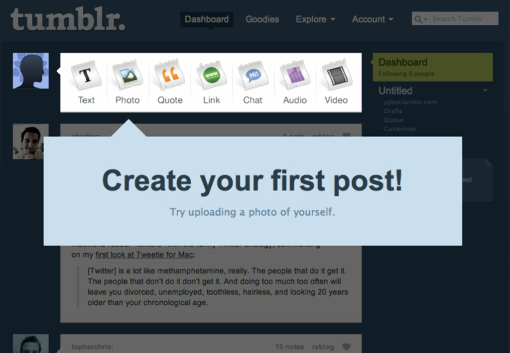 Slik ser Tumblr ut rett etter at du har opprettet din egen tumleplass. Slik ser Tumblr ut rett etter at du har opprettet din egen tumleplass.