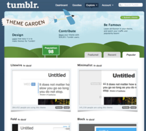 I Tumblrs egen "Theme Garden" kan du titte på ulike bloggdesign og bytte ut ditt eget med et par klikk. I Tumblrs egen "Theme Garden" kan du titte på ulike bloggdesign og bytte ut ditt eget med et par klikk.