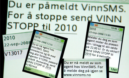 Når du først har blitt lurt, vil det ta lang tid om mange kostbare tekstmeldinger, for å melde deg av VinnSMS. Foto: DinSide Når du først har blitt lurt, vil det ta lang tid om mange kostbare tekstmeldinger, for å melde deg av VinnSMS. Foto: DinSide