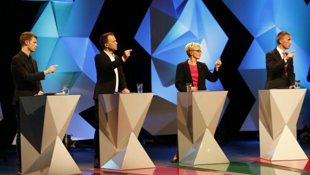 <strong>SISTE DEBATT:</strong> Valgkampens siste partilederdebatt på NRK sendes fra Chateau Neuf i Oslo.
Foto: Heiko Junge / NTB scanpix <strong>SISTE DEBATT:</strong> Valgkampens siste partilederdebatt på NRK sendes fra Chateau Neuf i Oslo.
Foto: Heiko Junge / NTB scanpix