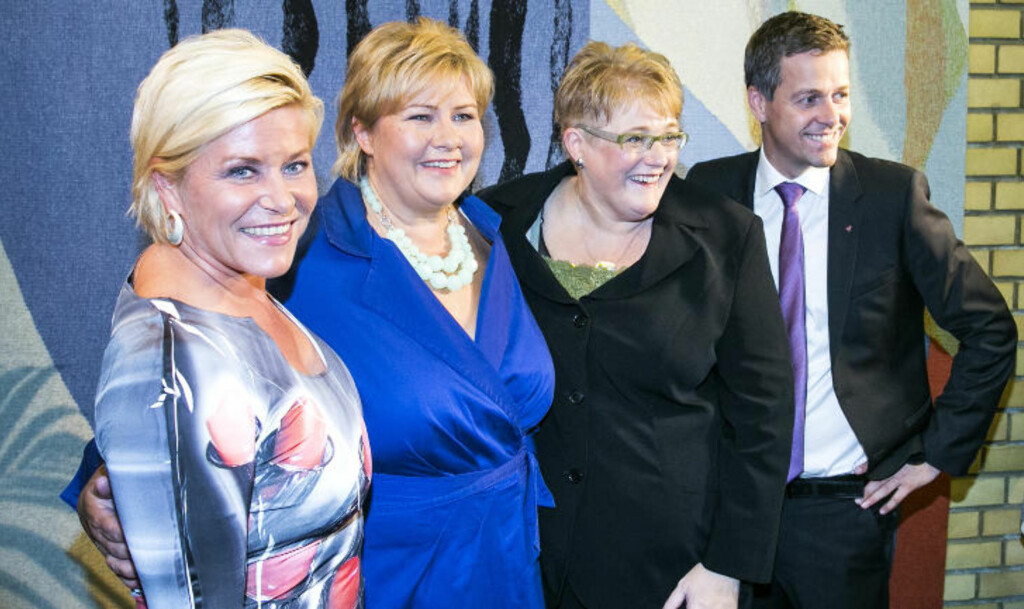 SKAL I REGJERINGSFORHANDLINGER: De borgerlige, med Siv Jensen (Frp), Erna Solberg (H), Trine Skei Grande (V) og Knut Arild Hareide (KrF) i spissen, fikk flertall etter mandagens stortingsvalg.
Foto: Gorm Kallestad / NTB Scanpix SKAL I REGJERINGSFORHANDLINGER: De borgerlige, med Siv Jensen (Frp), Erna Solberg (H), Trine Skei Grande (V) og Knut Arild Hareide (KrF) i spissen, fikk flertall etter mandagens stortingsvalg.
Foto: Gorm Kallestad / NTB Scanpix