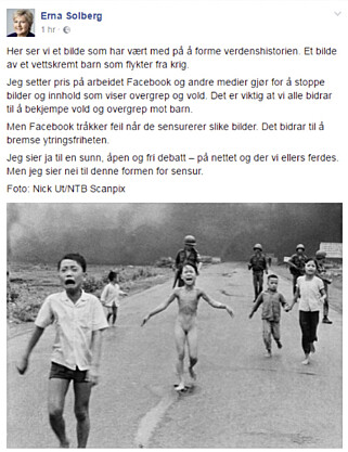 BLE FJERNET: Innlegget statsminister Erna Solberg la ut på sin Facebook-side. Facebook-posten med Vietnam-bildet har seinere blitt fjernet av nettgiganten.
Foto: Skjermbilde / NTB scanpix BLE FJERNET: Innlegget statsminister Erna Solberg la ut på sin Facebook-side. Facebook-posten med Vietnam-bildet har seinere blitt fjernet av nettgiganten.
Foto: Skjermbilde / NTB scanpix