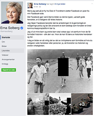 SLIK SVARTE ERNA: Statsminister Erna Solberg har igjen lagt ut Vietnam-bildet på sin Facebookside, denne gangen har de sladdet bildet sammen med flere andre historiske bilder.
Foto: Skjermbilde / NTB scanpix SLIK SVARTE ERNA: Statsminister Erna Solberg har igjen lagt ut Vietnam-bildet på sin Facebookside, denne gangen har de sladdet bildet sammen med flere andre historiske bilder.
Foto: Skjermbilde / NTB scanpix