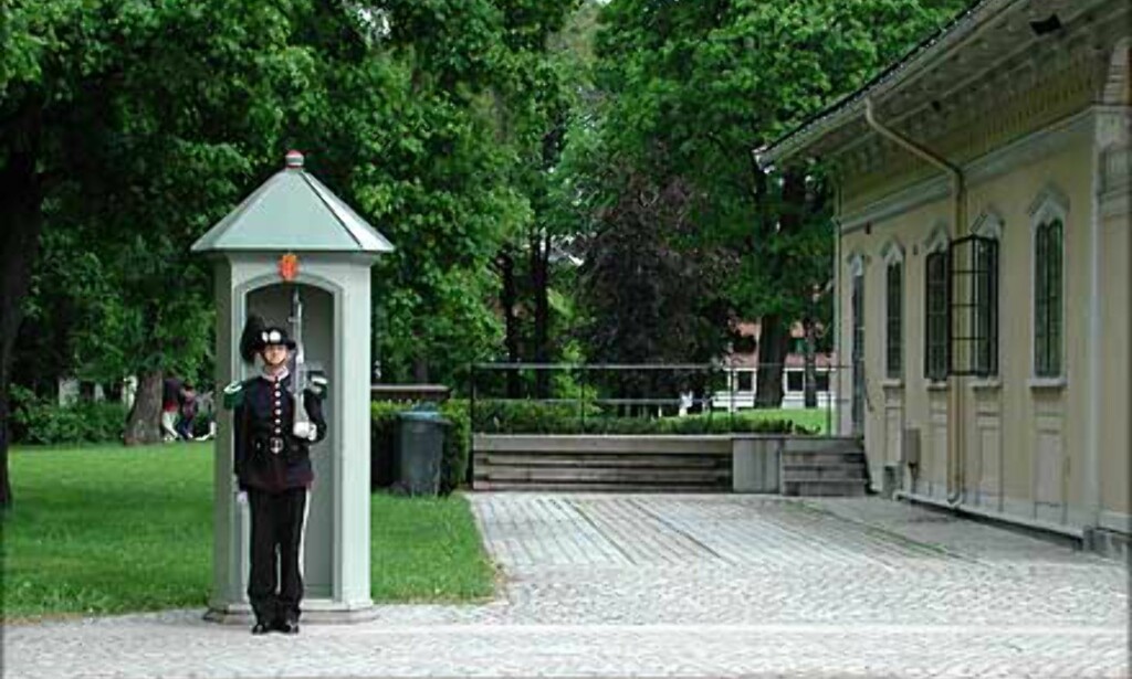 GARDEVAKTENS HUS: En gardist på vakt for konge og fedreland ved Gardevaktens hus som ble bygget i 1848. Bygningen regnes som Norges første sveitserhus. GARDEVAKTENS HUS: En gardist på vakt for konge og fedreland ved Gardevaktens hus som ble bygget i 1848. Bygningen regnes som Norges første sveitserhus.