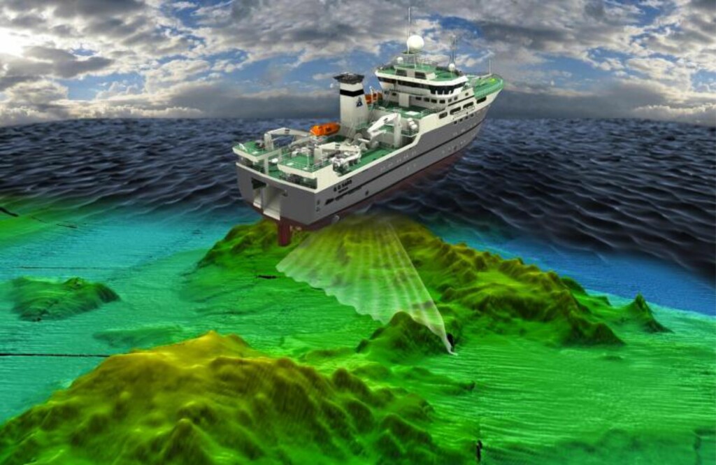 HAR FUNNET VULKANER: Her er en illustrasjon av hvordan forskningsskipet G.O. Sars kartlegger havbunnen ved hjelp av multistråle ekkolodd. Foto: Senter for Geobiologi, Universitetet i Bergen HAR FUNNET VULKANER: Her er en illustrasjon av hvordan forskningsskipet G.O. Sars kartlegger havbunnen ved hjelp av multistråle ekkolodd. Foto: Senter for Geobiologi, Universitetet i Bergen