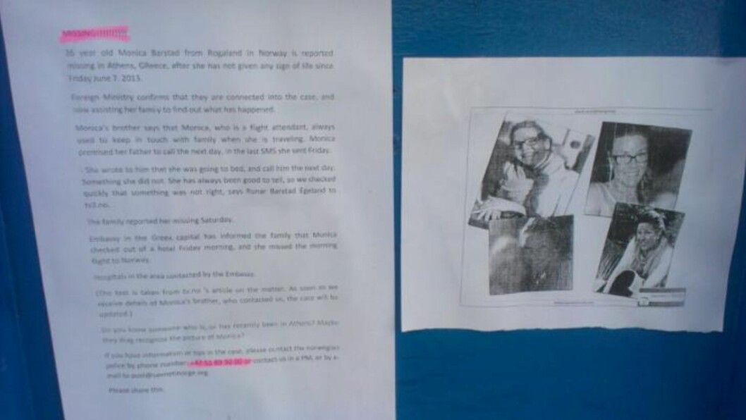 <strong> ETTERLYST PÅ FERIEØY:</strong> Denne plakaten med bilder av Monica Barstad og etterlysning på engelsk henger nå på flere sentrale steder på ferieøya Santorini - her på Kamari Beach. FOTO: 2400-tipser. <strong> ETTERLYST PÅ FERIEØY:</strong> Denne plakaten med bilder av Monica Barstad og etterlysning på engelsk henger nå på flere sentrale steder på ferieøya Santorini - her på Kamari Beach. FOTO: 2400-tipser.