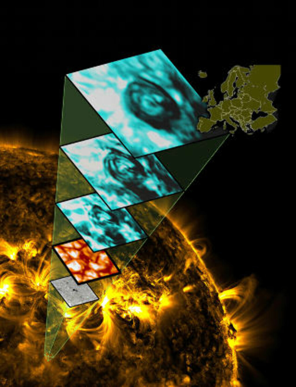 PÅ STØRRELSE MED EUROPA: Soltornado sett i ulike lag i solatmosfæren, sammenliknet med størrelsen på Europa. Klikk for større versjon. Illustrasjon: Scullion & Wedemeyer-Böhm (2012) NASA PÅ STØRRELSE MED EUROPA: Soltornado sett i ulike lag i solatmosfæren, sammenliknet med størrelsen på Europa. Klikk for større versjon. Illustrasjon: Scullion & Wedemeyer-Böhm (2012) NASA