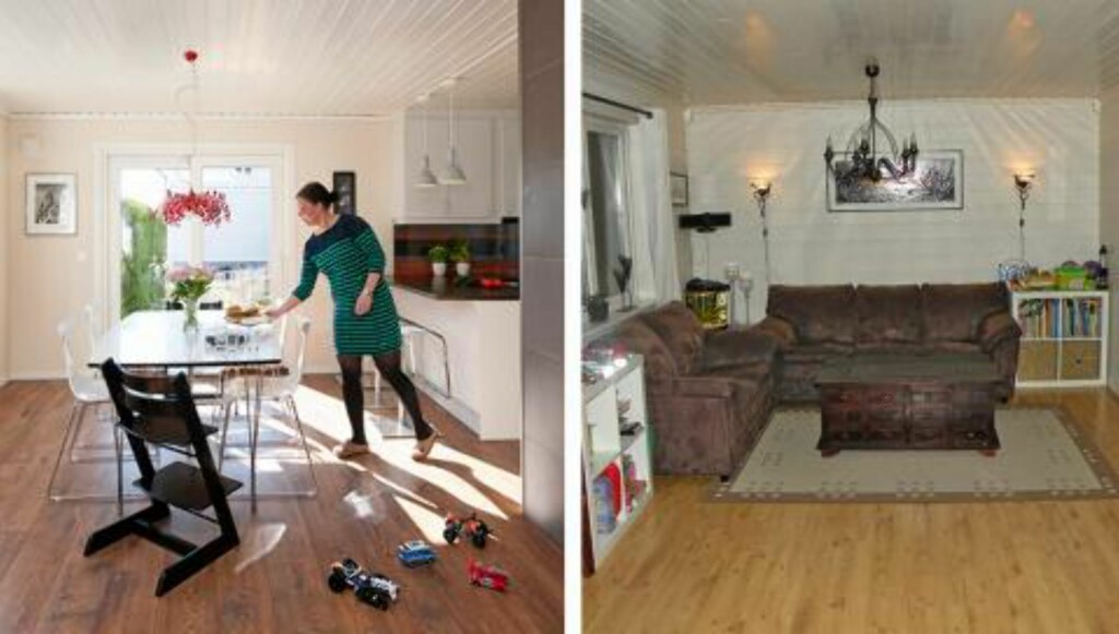 ETTER OG FØR: Det nye allrommet får nå dagslys fra tre kanter. Den mørke stua er historie. Foto: Espen Grønli/Privat ETTER OG FØR: Det nye allrommet får nå dagslys fra tre kanter. Den mørke stua er historie. Foto: Espen Grønli/Privat