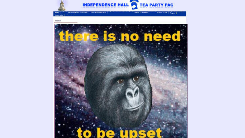 APESTREK: Hackerne publiserte en ape på bevegelsens nettsider. Skjermdump: Independencehallteapartypac.com APESTREK: Hackerne publiserte en ape på bevegelsens nettsider. Skjermdump: Independencehallteapartypac.com