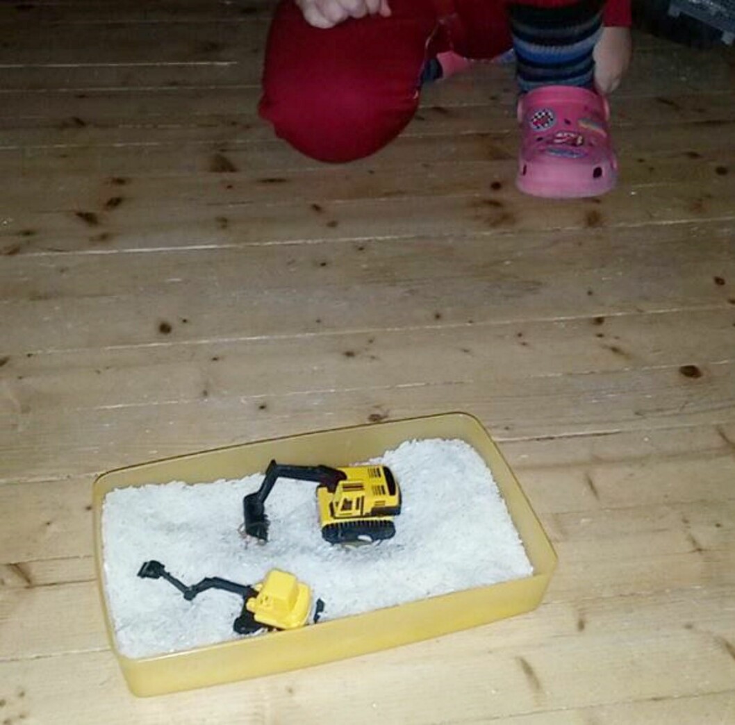 INNENDØRS "SANDKASSE": Alt du trenger er en liten eske som du fyller med ukokt ris. Foto: Mari / instagram.com/frydogfjas/ INNENDØRS "SANDKASSE": Alt du trenger er en liten eske som du fyller med ukokt ris. Foto: Mari / instagram.com/frydogfjas/
