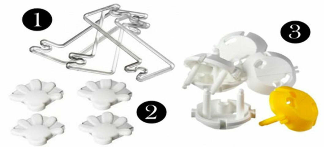 Viktige sikringsprodukter: Ledningsholdere. 2: Kontaktvern. 3: Hjørnebeskyttere. Foto: Akta Graco / IKEA Viktige sikringsprodukter: Ledningsholdere. 2: Kontaktvern. 3: Hjørnebeskyttere. Foto: Akta Graco / IKEA