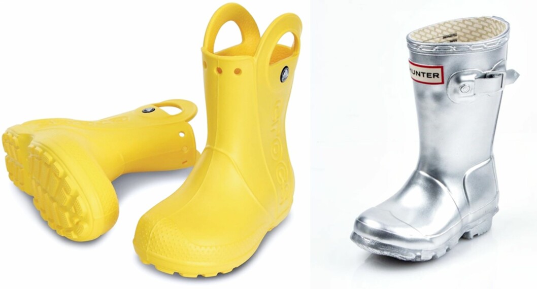 <strong>KNALLFARGER:</strong> Gule Crocs Handle It Rain Boots kr 349,- hos Lekmer.no og Hunter Original Kids støvler i sølv kr 629,- hos Sportamore.no Foto: Produsentene <strong>KNALLFARGER:</strong> Gule Crocs Handle It Rain Boots kr 349,- hos Lekmer.no og Hunter Original Kids støvler i sølv kr 629,- hos Sportamore.no Foto: Produsentene