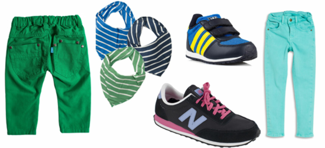 FRITID: F.v. bukse fra Mee too/Nelly.com str 86-98 (kr 199), skjerf fra Nameit (kr 40, per stykk), sko til mor fra New Balance/Lille Vinkel (kr 798), sko til barn fra Adidas (kr 349) og bukse til større barn (86-122) fra Lindex (kr 149). FRITID: F.v. bukse fra Mee too/Nelly.com str 86-98 (kr 199), skjerf fra Nameit (kr 40, per stykk), sko til mor fra New Balance/Lille Vinkel (kr 798), sko til barn fra Adidas (kr 349) og bukse til større barn (86-122) fra Lindex (kr 149).