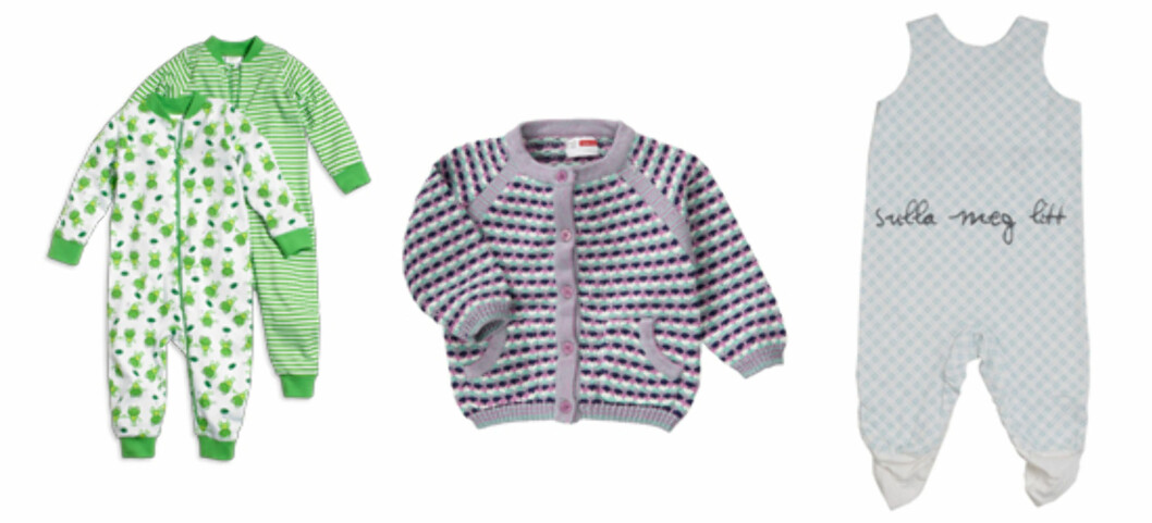 MUSTHAVES: F.v. pysjamaser (kr 179 per stykk, Kappahl), strikkjakke i bomull (kr 170, Nameit) og sparkebukse (kr 498, Lilleba). MUSTHAVES: F.v. pysjamaser (kr 179 per stykk, Kappahl), strikkjakke i bomull (kr 170, Nameit) og sparkebukse (kr 498, Lilleba).