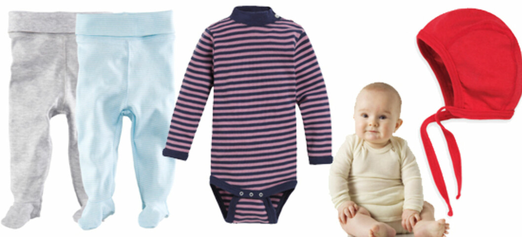 DETTE TRENGER DU: F.v strømpebukser (kr 99 for to, H&M), body i ull (kr 268, Nøstebarn), body med lange ermer i merinoull (kr 218, Nøstebarn) og lue i ull og silke (kr 98, Nøstebarn). DETTE TRENGER DU: F.v strømpebukser (kr 99 for to, H&M), body i ull (kr 268, Nøstebarn), body med lange ermer i merinoull (kr 218, Nøstebarn) og lue i ull og silke (kr 98, Nøstebarn).