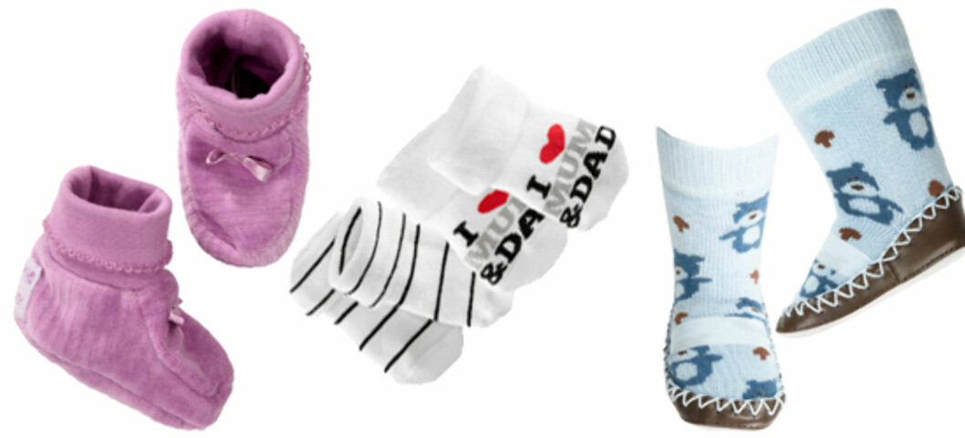 IKKE SKO: F.v. veloursokker (kr 50, Nameit), to par babysokker (kr 40, H&M) og sokker med skinnimitasjon under (kr 80, Nameit). IKKE SKO: F.v. veloursokker (kr 50, Nameit), to par babysokker (kr 40, H&M) og sokker med skinnimitasjon under (kr 80, Nameit).