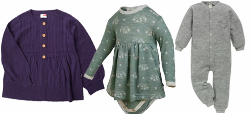 SØTE SMÅ: F.v. pencardigan i merinoull str 98-152 (kr 350, Nameit), ullkjole str 50-90 (kr 289, Janusull) og ulldress uten føtter str 68-116 (kr 488, Nøstebarn). SØTE SMÅ: F.v. pencardigan i merinoull str 98-152 (kr 350, Nameit), ullkjole str 50-90 (kr 289, Janusull) og ulldress uten føtter str 68-116 (kr 488, Nøstebarn).