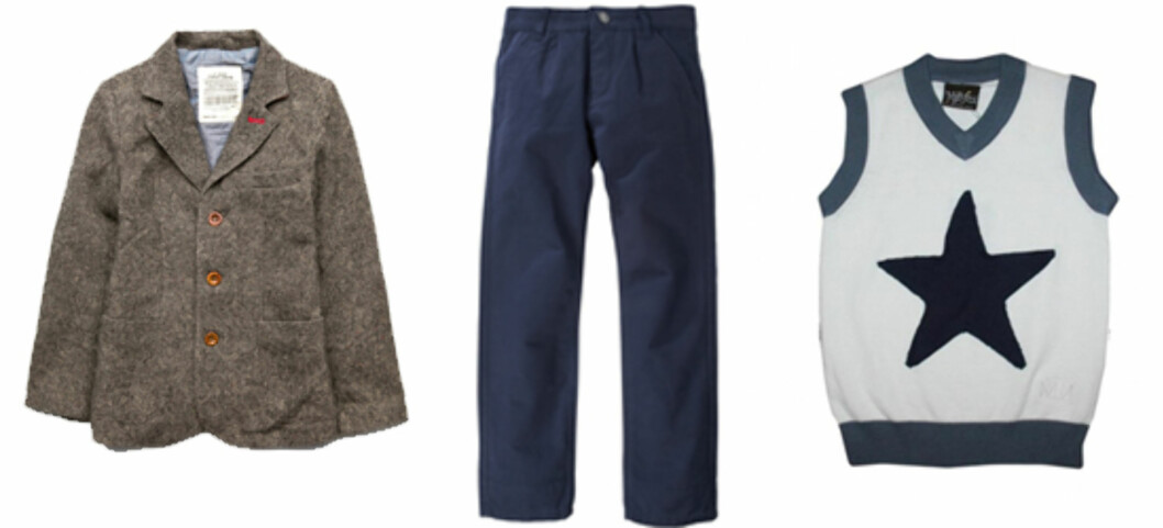 TRADISJONELT: F.v. tweedjakke str 2-14 år (kr 479, Zara), mørke bukser str 104-152 (kr 200, Nameit) og vest med stjerne str 2-12 år (kr 299, Epleskrinet.no). TRADISJONELT: F.v. tweedjakke str 2-14 år (kr 479, Zara), mørke bukser str 104-152 (kr 200, Nameit) og vest med stjerne str 2-12 år (kr 299, Epleskrinet.no).
