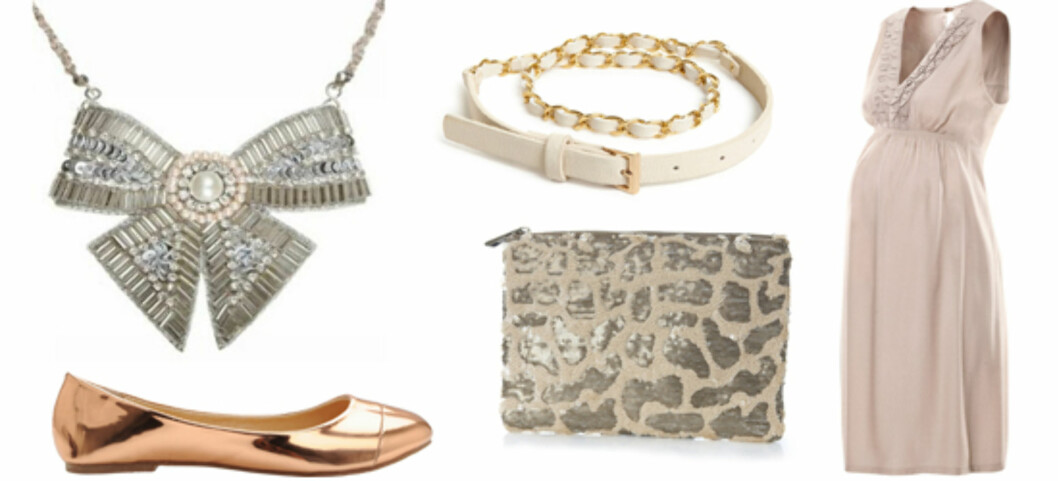 DUSE DETALJER : F.v. smykke fra Accessorize kr 159, ballerinas fra Bianco kr 349, belta fra Lindex kr 129, clutchveske fra Gina Tricot kr 149 og kjole fra H&M kr 249. DUSE DETALJER : F.v. smykke fra Accessorize kr 159, ballerinas fra Bianco kr 349, belta fra Lindex kr 129, clutchveske fra Gina Tricot kr 149 og kjole fra H&M kr 249.